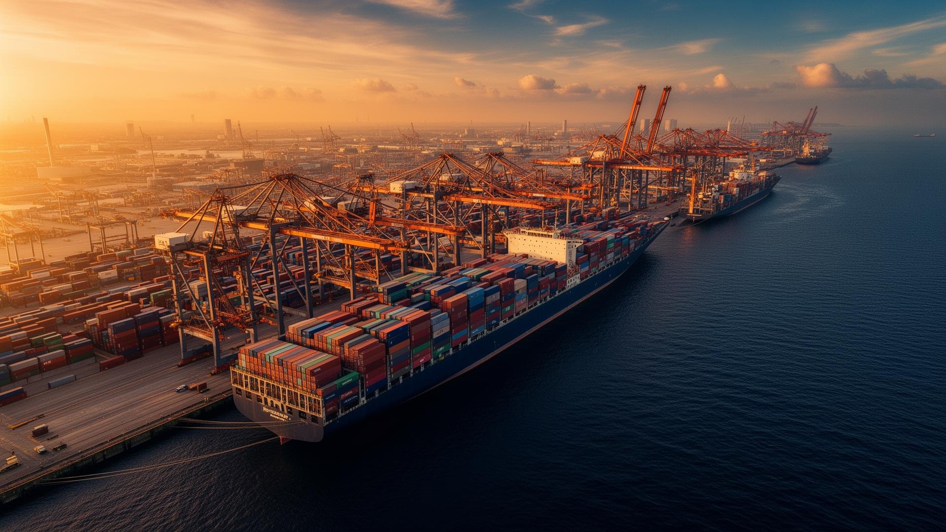 Container terminal at the Port of Rotterdam at sunset